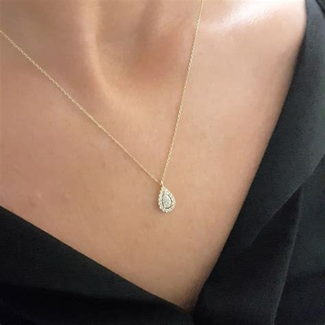 14K Real Solid Gold Teardrop Halo Pendant Necklace for Women