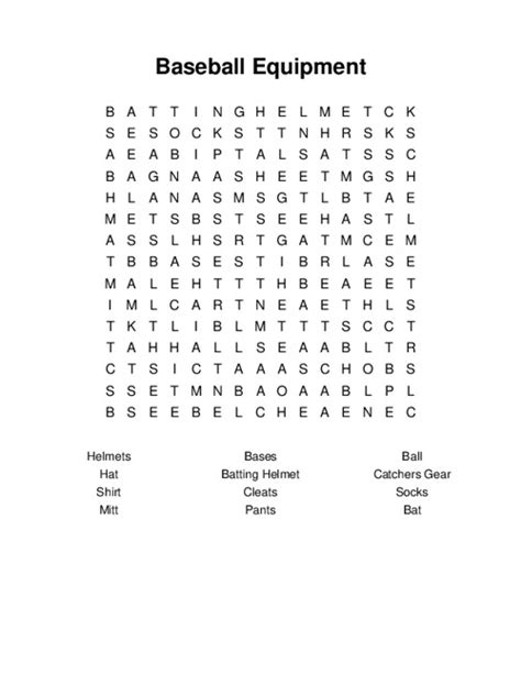 Baseball Equipment Word Search