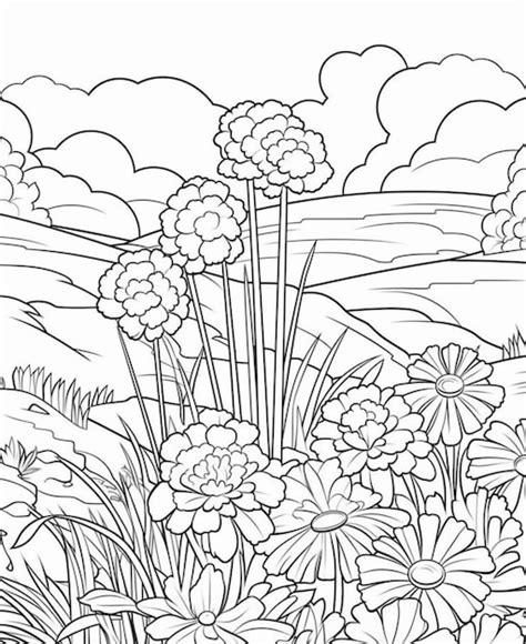 Premium AI Image | a coloring page with flowers and hills in the ...