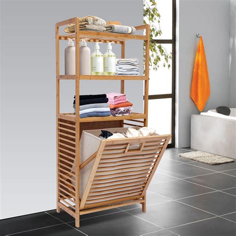 Loyalheartdy 3-Tier Tilt Out Bamboo Laundry Hamper with Rack, Bathroom ...