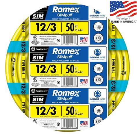 Southwire 50-ft 12/3 Romex SIMpull Solid Indoor CU NM-B W/G Individual Pack (By-the-roll) in the ...