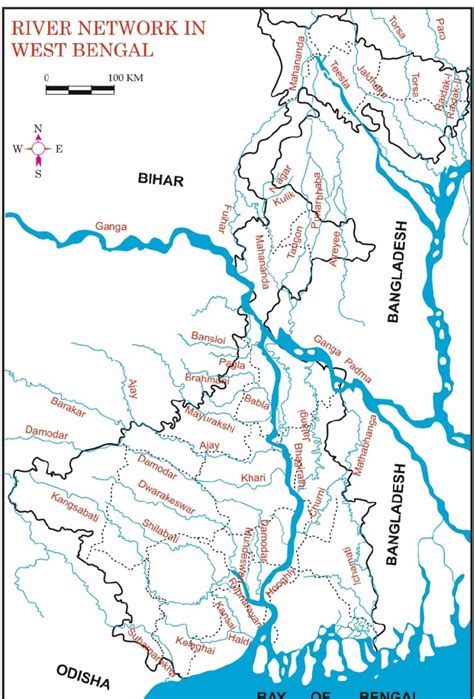 Map showing the geographical locations of the rivers in West Bengal ...