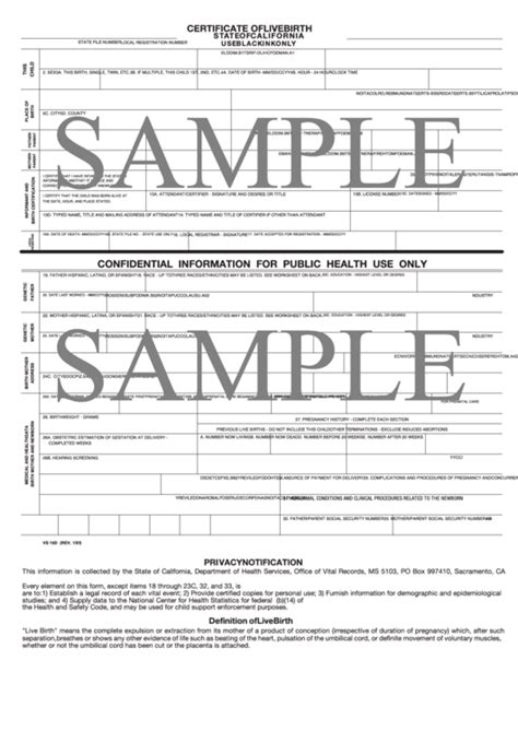 Sample Certificate Of Live Birth -State Of California printable pdf download