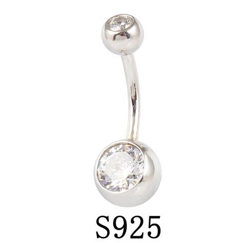 925 sterling silver belly button ring clear double zircon body jewelry ball navel bar Ring ...