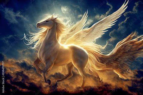 Majestic Pegasus horse flying high above the clouds. Flight of the Pegasus. Stock Illustration ...