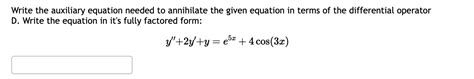 Solved Write the auxiliary equation needed to annihilate the | Chegg.com