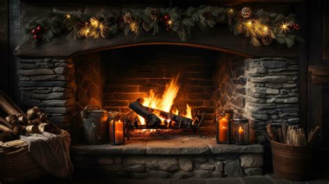 Cozy fireplace. Burning logs, warm colors, and holiday decorations 30049467 Stock Photo at Vecteezy