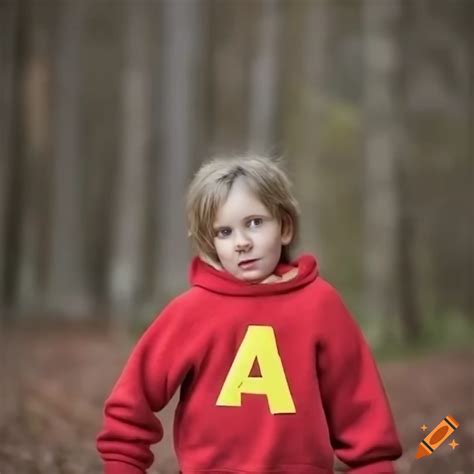 Child in a red sweatshirt with a yellow letter a and a squirrel tail on Craiyon