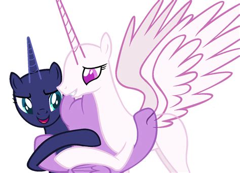 an image of a pony hugging another pony with wings on it's back and eyes closed