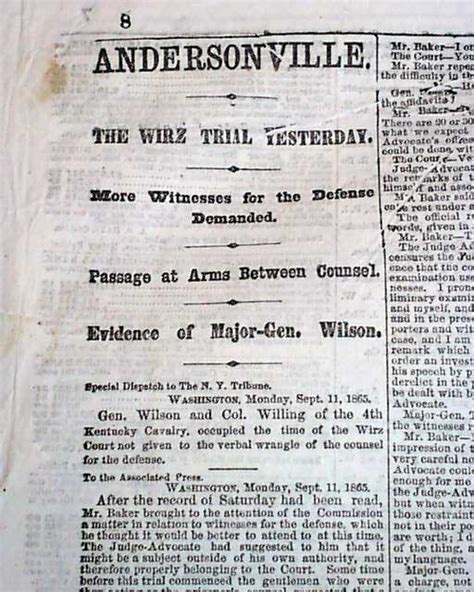 ANDERSONVILLE PRISON Georgia Henry Wirz TRIAL Reconstruction Era 1865 Newspaper | eBay