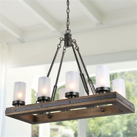 LNC Farmhouse Island Chandelier for Dining Room Rectangular Wood Kitchen Lighting with Frosted ...