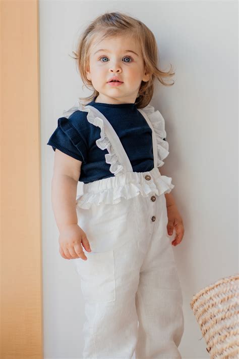 "Eve" Linen Ruffle Dungarees | Classic baby clothes, Organic kids clothes, Dungarees