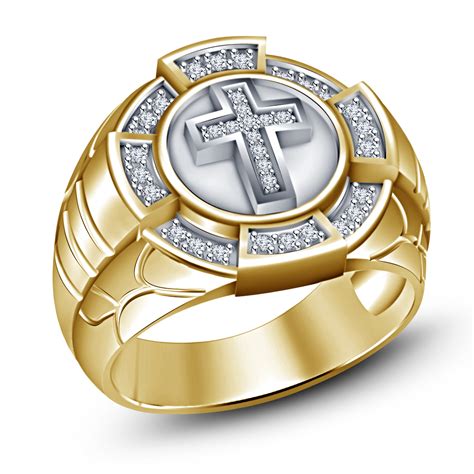 Christian Religious Cross Men's Ring 14k Yellow Gold Plated 925 Silver White CZ - Rings