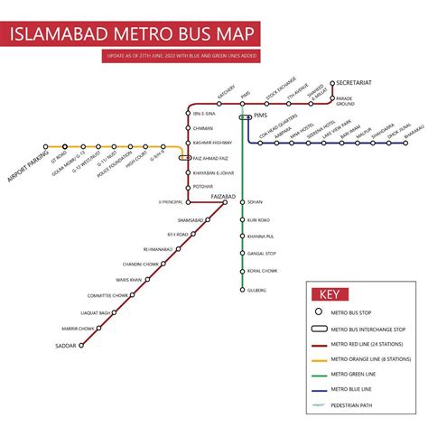 Map of Islamabad Metrobus, the green and blue lines will start from July 25 in mixed traffic. Do ...