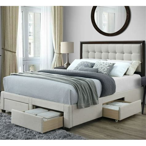 DG Casa Soloman Upholstered Panel Bed Frame with Storage Drawers and Wood Trim Tufted Headboard ...