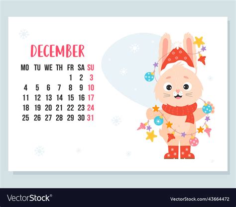 December 2023 calendar cute bunny with garland Vector Image