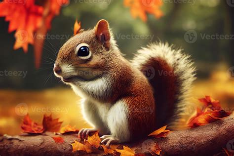 3d illustration of a cute squirrel sitting on a branch in autumn forest ...