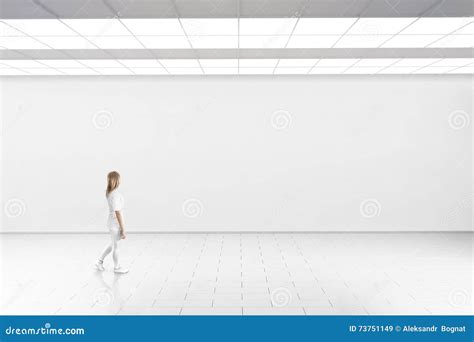 Woman Walk in Museum Gallery with Blank Wall. Stock Image - Image of ...