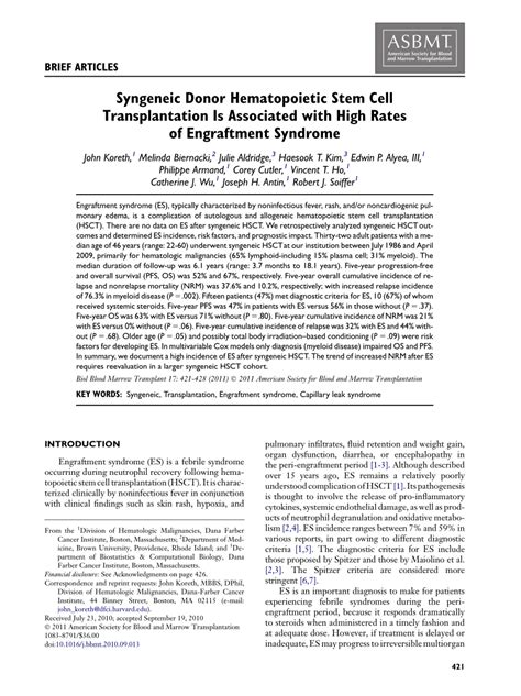 (PDF) Syngeneic Donor Hematopoietic Stem Cell Transplantation Is Associated with High Rates of ...