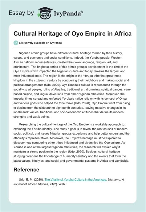 Cultural Heritage of Oyo Empire in Africa - 291 Words | Research Paper Example