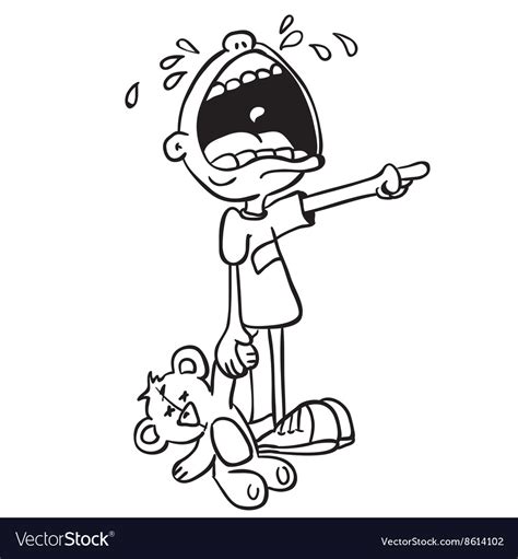 Simple black and white crying boy with bear toy Vector Image