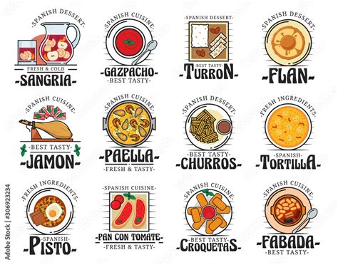 Spanish cuisine food, traditional snacks and desserts, restaurant cafe menu dishes. Vector Spain ...