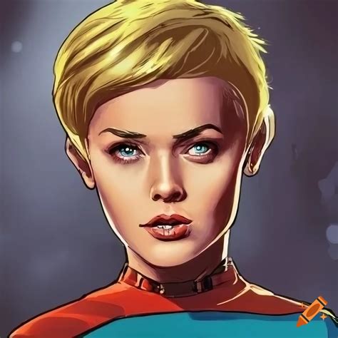 Pulp comic art of a blonde tomboy as the captain of the starship enterprise from star trek on ...