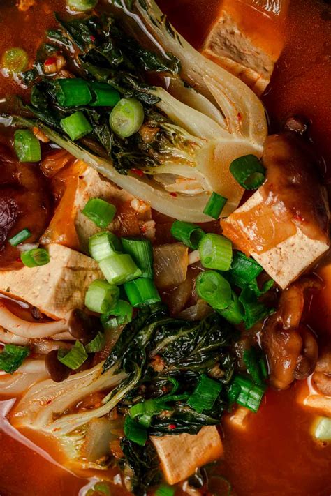 Vegan Kimchi Soup with Tofu, Mushrooms, & Bok Choy | Two Market Girls