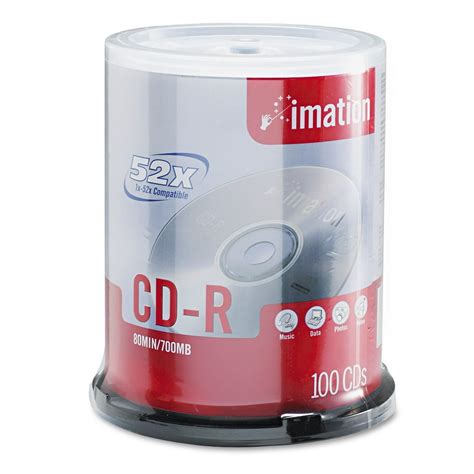 imation CD-R Discs, 700MB/80min, 52x, Spindle, Branded, Silver, 100/Pk ...