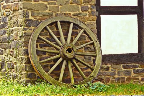 agriculture, idyll, field, built structure, old wagon wheel, building exterior, day, nostalgic ...