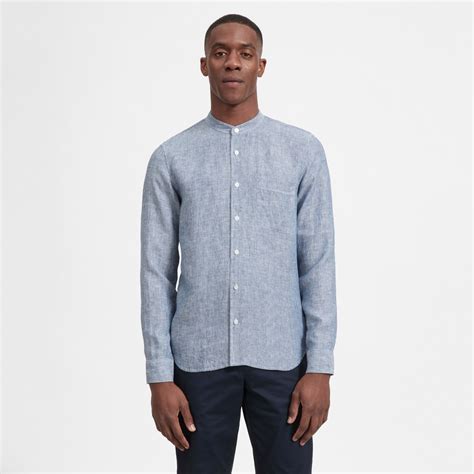 Men's Linen Band Collar Shirt by Everlane in Blue / White Pinstripe in 2021 | Banded collar ...