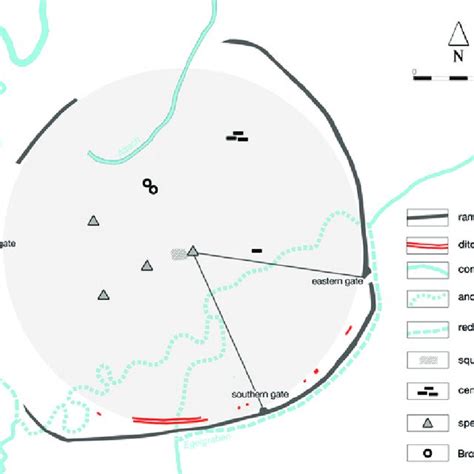 Schematic map of the oppidum of Manching featuring important landmarks... | Download Scientific ...