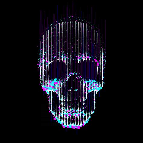 Vector glitch line art skull Human skull front view enlightened from ...