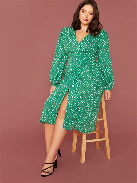 Plus Lantern Sleeve Wrap Knot Dot Print Dress | SHEIN USA