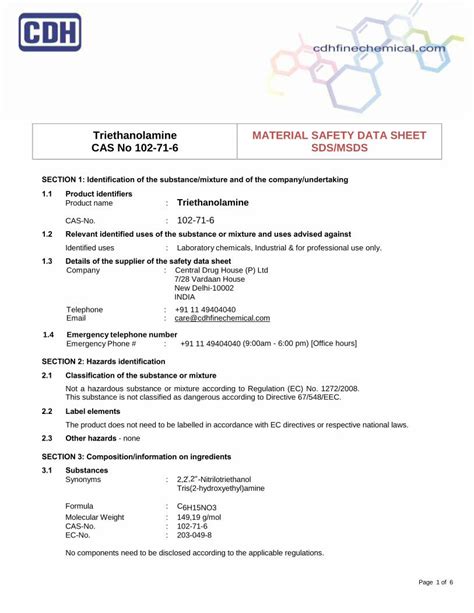 (PDF) Triethanolamine MATERIAL SAFETY DATA SHEET … … · Page 1 of 6 Triethanolamine CAS No 102-71 ...