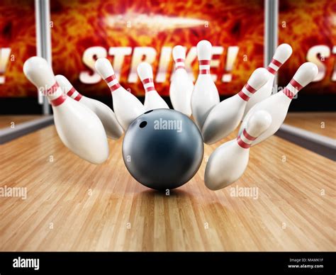 Bowling strike concept with rolling ball and pins. 3D illustration ...