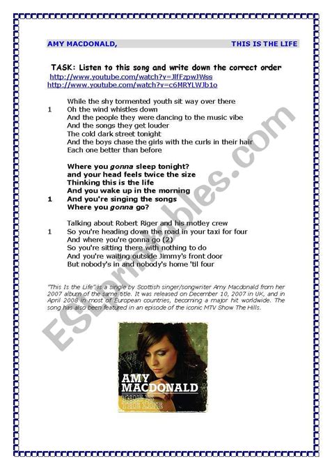 Song: Amy Macdonald - This is the life - ESL worksheet by macuarcos