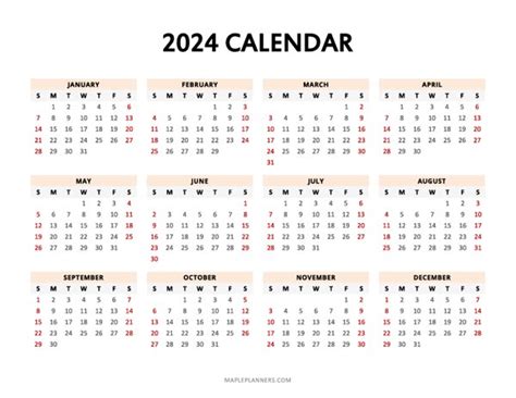 Free Printable 2024 Year at a Glance - Landscape