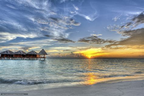 Download wallpaper sunset, Maldives, bungalow, landscape free desktop ...