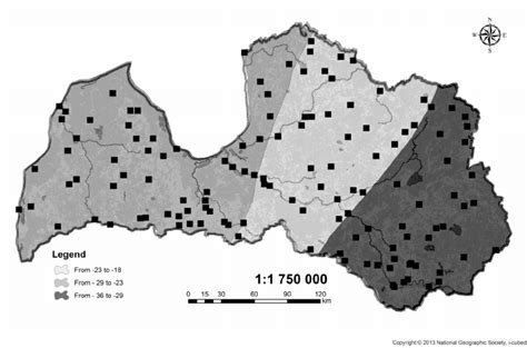 Map with plant hardiness zones in Latvia with average winter ...