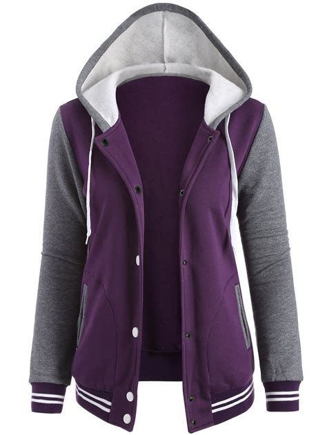 [33% OFF] Contrast Sleeve Fleece Baseball Purple Hoodie Jacket | Rosegal