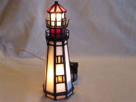 Lighthouse Stained Glass Lamp, Night Light, White Red Black Stained Glass Lamp, Nautical Lamp ...