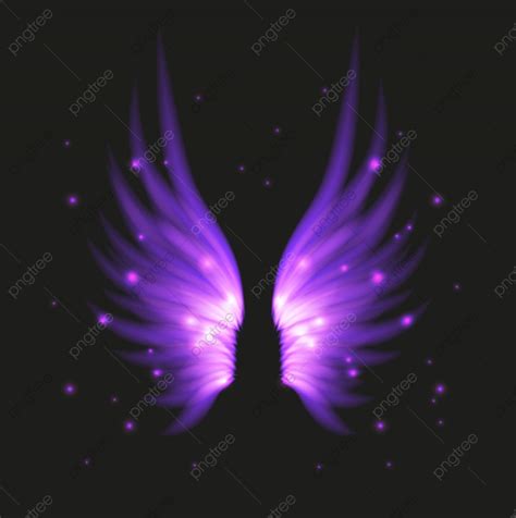 purple angel wings against a black background with stars and sparkles in the dark sky