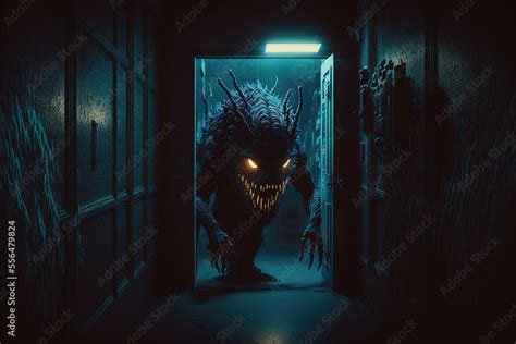 Nightmare scary monster is walking down the dark corridor of the house. Big monster with glowing ...