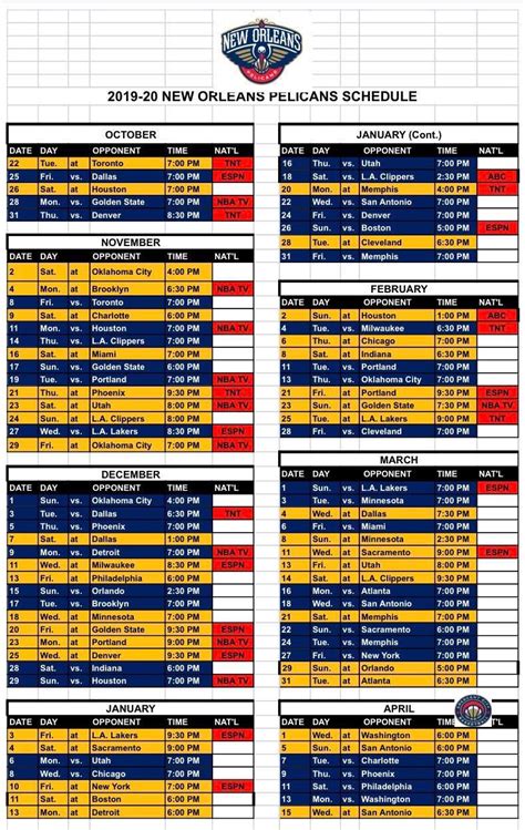 Full 2019-2020 Pelicans NBA Schedule : r/NOLAPelicans