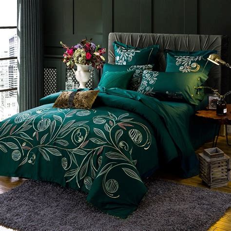 Dark Teal Tropical Leaf Simply Embroidered Full, Queen Size Bedding ...