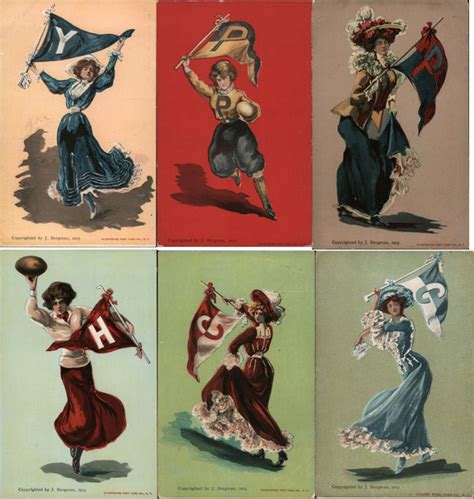 Set of 6 College Girls & Pennants Ivy League Postcard