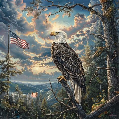 Premium Photo | Bald Eagle Perched on Tree with Flag Background