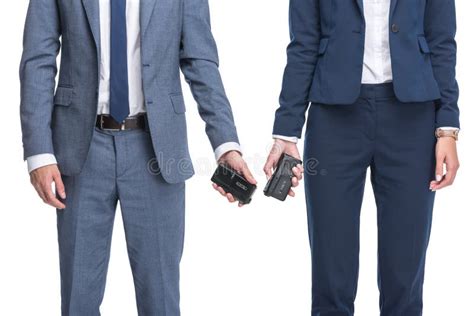 Cropped View of Two Newscasters in Suits Holding Recorders, Stock Photo - Image of profession ...