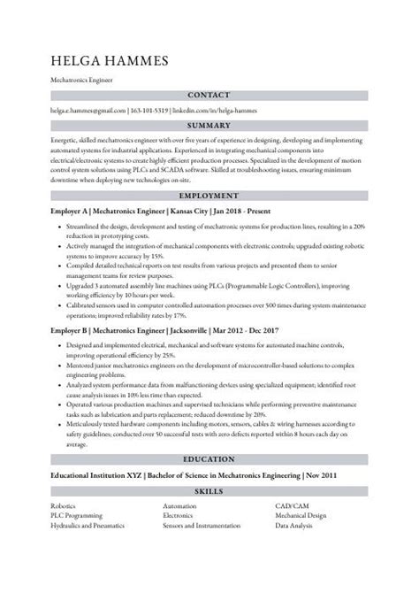 Mechatronics Engineer Resume (CV) Example and Writing Guide